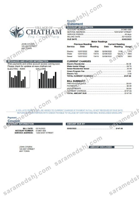 USA Village of Chatham utility bill template in Word and PDF format